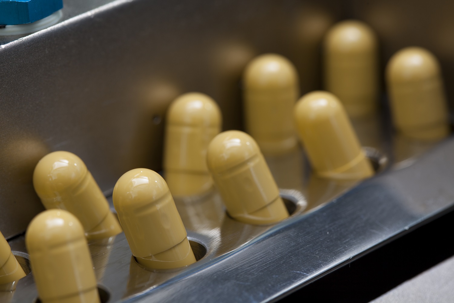 Rumene kapsule so vstavljene v kovinski proizvodni kalup v farmacevtskem obratu